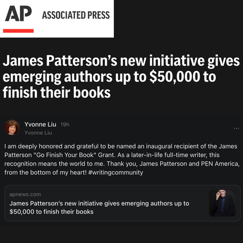 Celebrating WritingWorkshops.com Alumni Yvonne Liu Inaugural Recipient of the James Patterson Go Finish Your Book Grant
